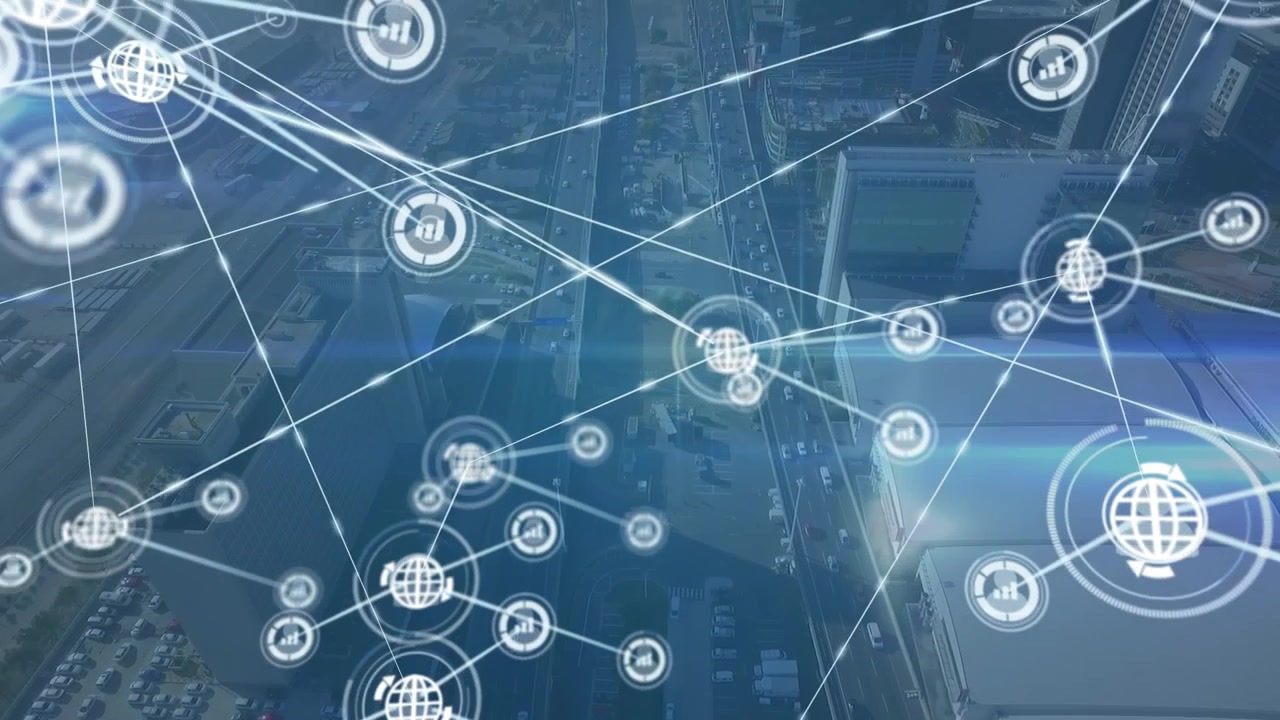 Animation of network of connections with icons over cityscape