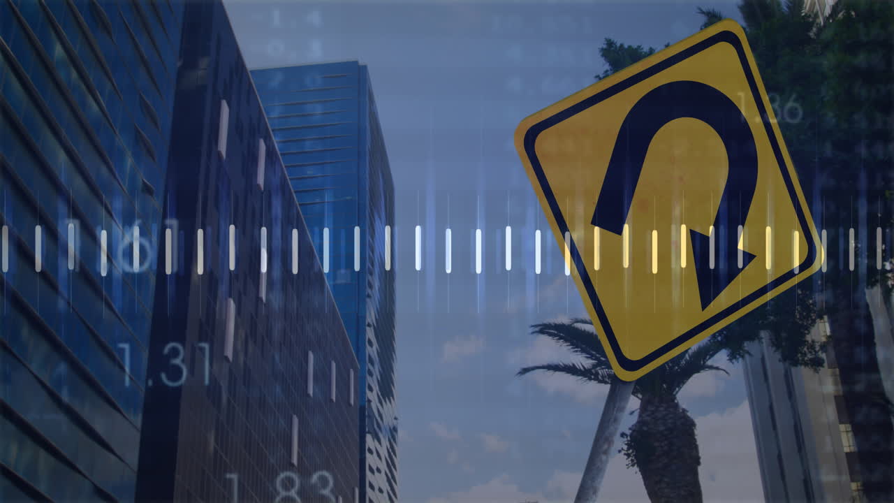 Animation of financial data processing over road sign and cityscape