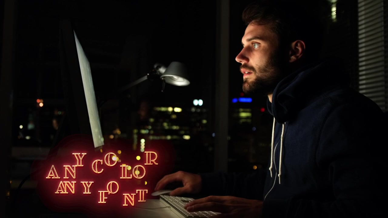 Neontekst lower thirds over mørke baggrunde