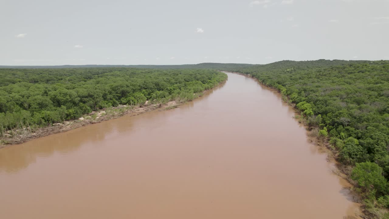 This is an aerial video of the Red River on the Texas and Oklahoma border after heavy rains in May 2025