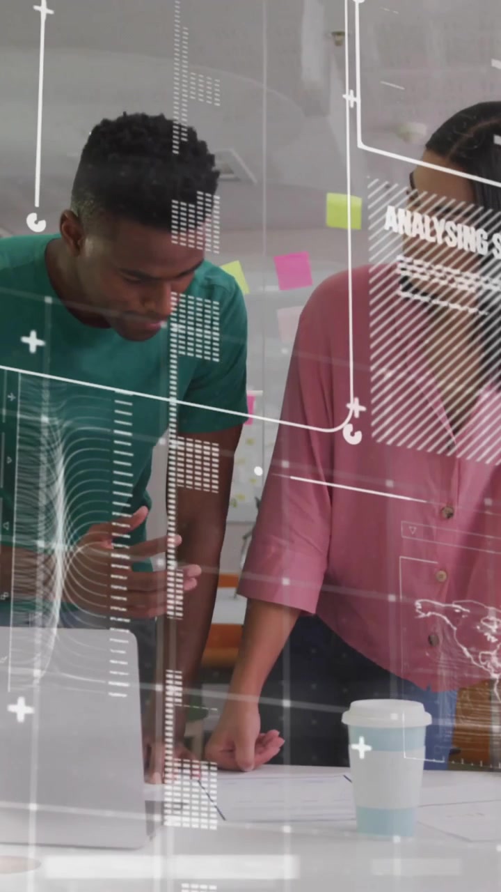 Animation of data processing and diagrams over diverse colleagues discussing work