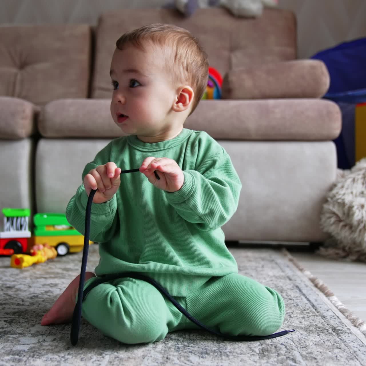 Lovely toddler plays with black cord on the floor of the room. Adorable kid looks aside at something smiling sweetly