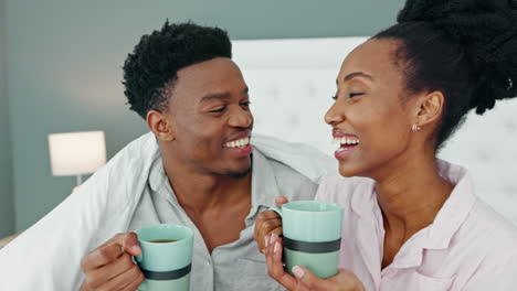 Bed,-morning-and-couple-together-with-mug