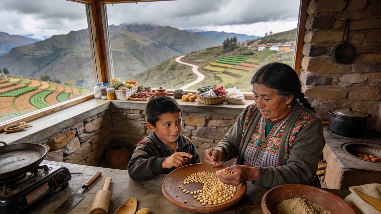 Sorting Andean woman teaching boy after reaching into wooden bowl at mountain kitchen