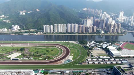 aerial view of sha tin racecourse, one of two horse racing facilities in hong kong