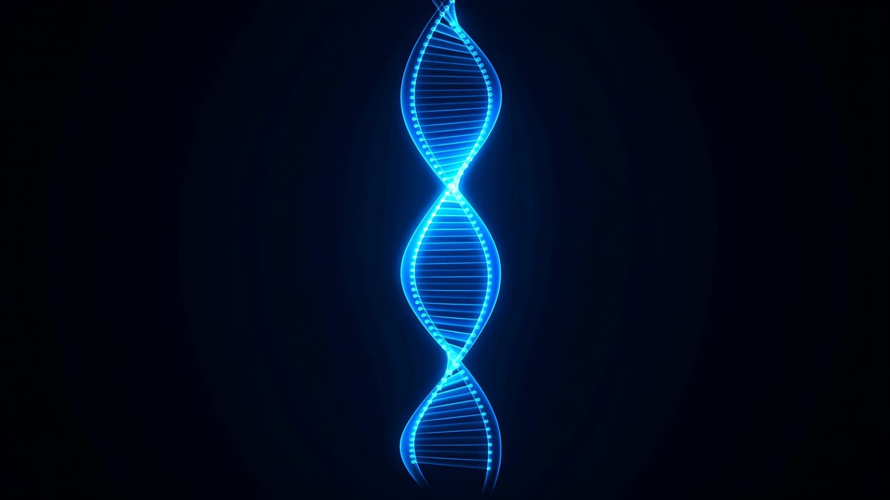 Glowing blue DNA double helix rotating centered in dark frame at midpoint of animated sequence