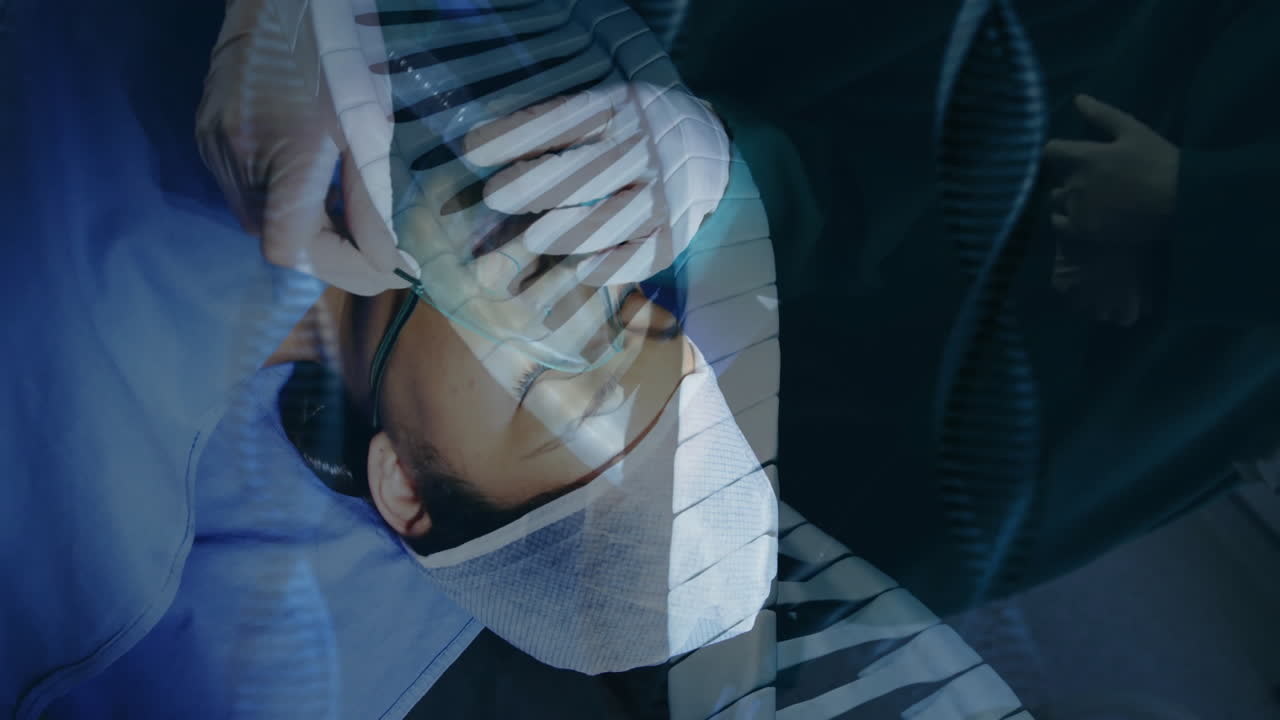 Male surgeon adjusting surgical mask on patient in OR, with animated health icons floating