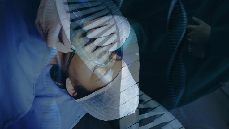 Male surgeon adjusting surgical mask on patient in OR, with animated health icons floating