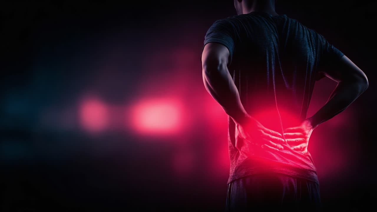 A person experiencing back pain in a dimly lit setting, highlighting the discomfort and strain on the lower back, showcasing the physical challenges of managing pain during an athletic activity