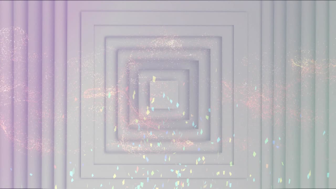 CGI nested panels shifting light, glitter band entering left, pastel clouds drifting, forming sheen