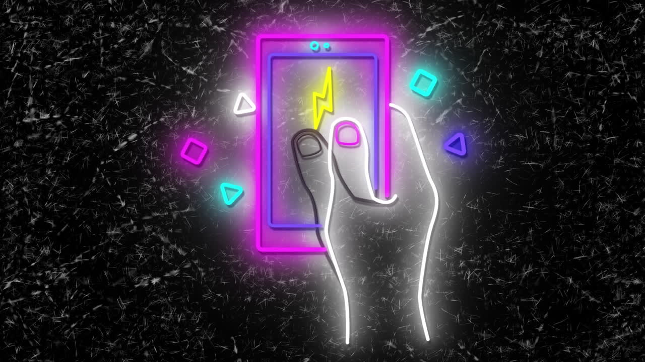 animación de la mano con teléfono inteligente de neón en fondo oscuro