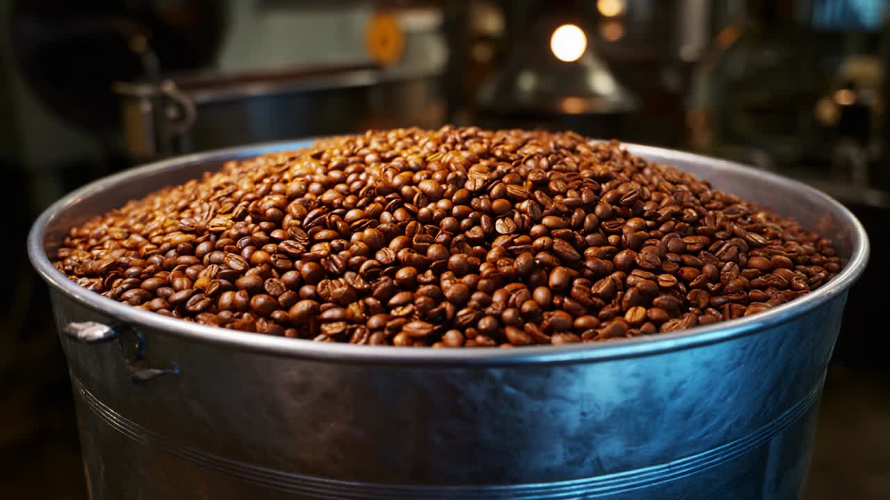 A bucket full of roasted coffee beans