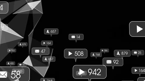 animation of social media icons floating against abstract geometric shape pattern background