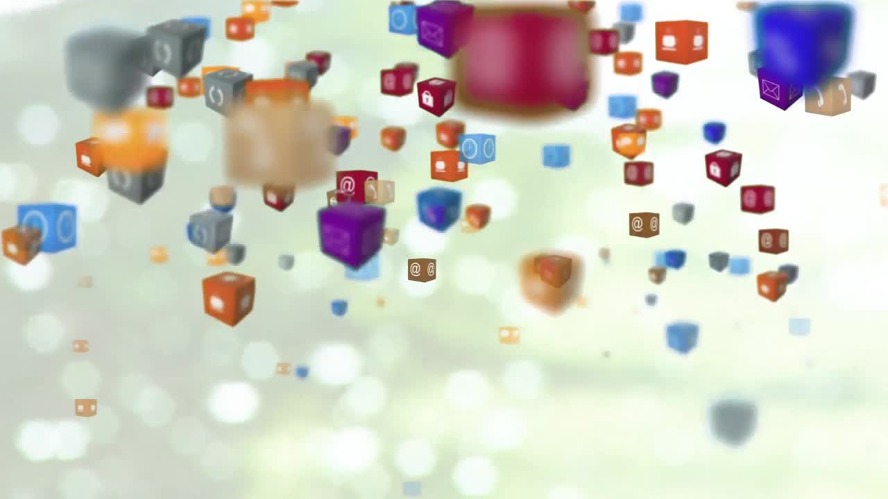 animación de iconos digitales flotando sobre un fondo verde