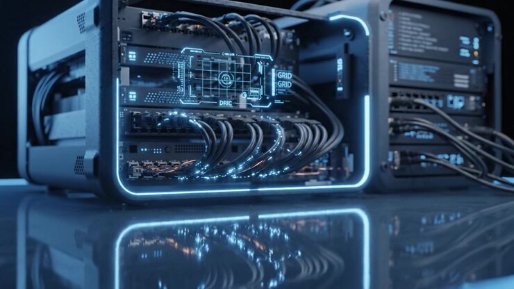 Advanced Server Setup Showcasing Multiple High-Performance Computing Units, Innovative Cables, and Illuminated Effects for Enhanced Data Processing Capabilities