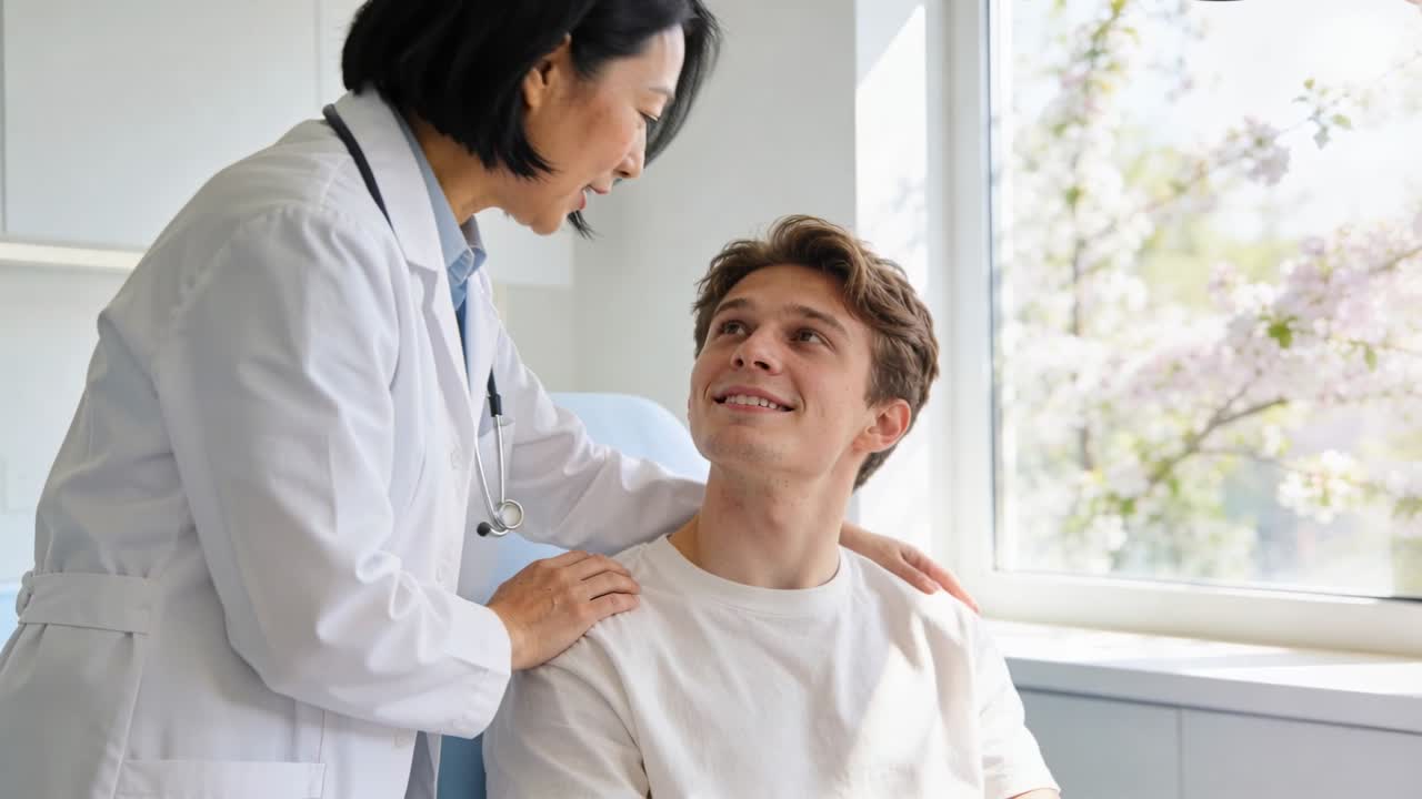 Female doctor entering clinic, placing hand on patient's shoulder by window, speaking to reassure
