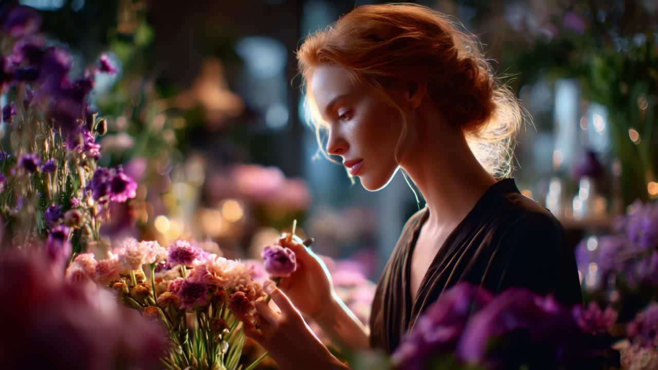 A Serene Moment with a Red-Haired Woman at a Flower Shop, Delicately Arranging Beautiful Blooms Under Soft Light for an Enchanting Floral Experience