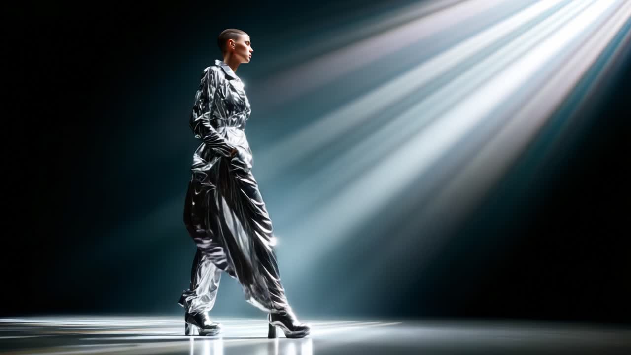 Uma modelo de moda impressionante exibe uma roupa prateada brilhante sob iluminação dramática, personificando elegância e estilo moderno em uma apresentação de passarela cativante