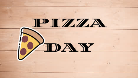 animation of pizza icons and pizza day text on wooden background