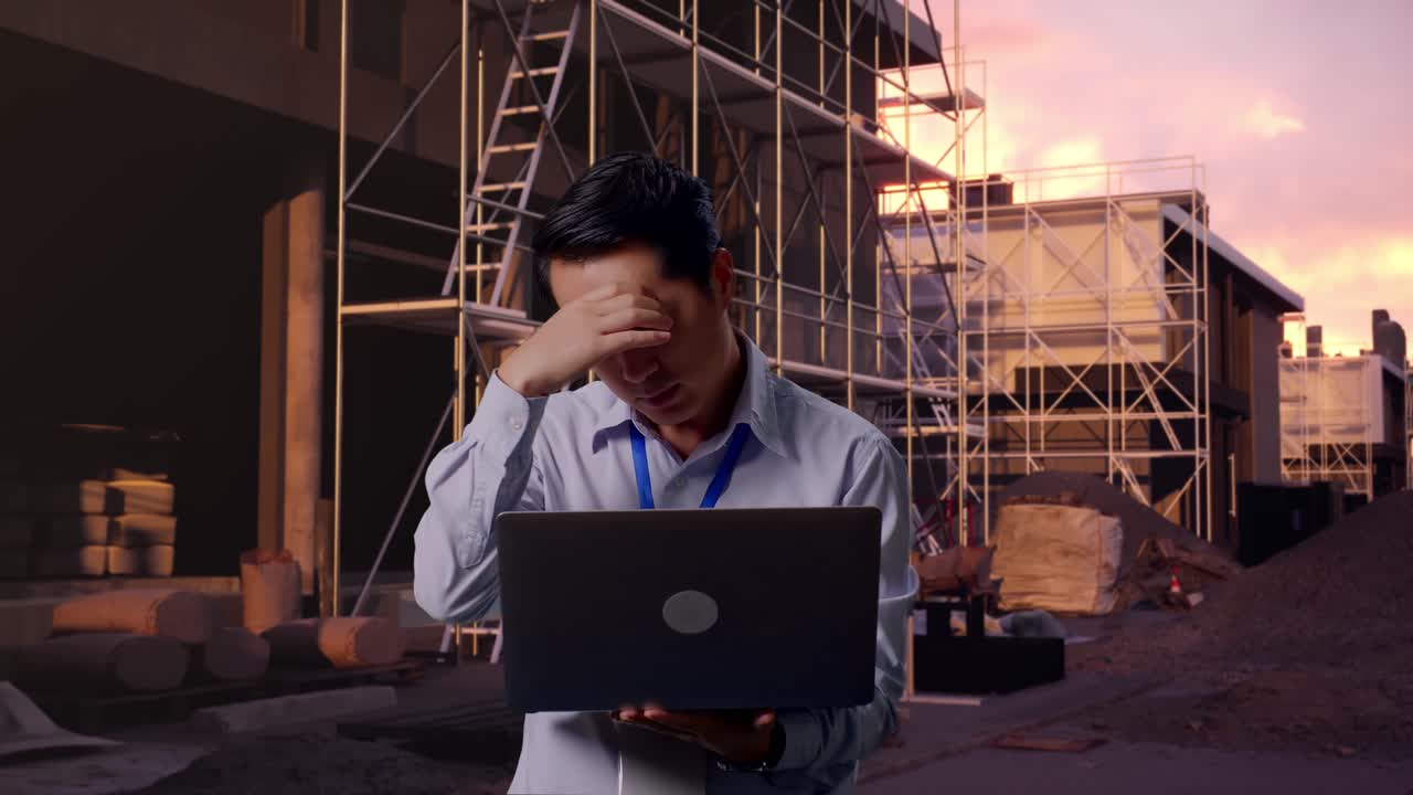 Asian Male Professional Worker Standing With His Laptop At Construction Site in Progress to New House, He Is Nodding His Head With Dissapionted