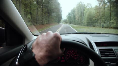 First-person-view-of-a-man-driving-a-car-through-a-freeway-in-the-middle-of-the-forest,-destination-concept