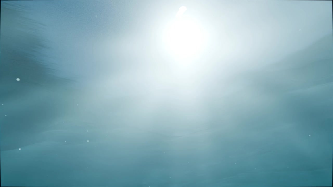 Shifting sunlight through surface ripples, forming pulsing shafts in water with drifting particles