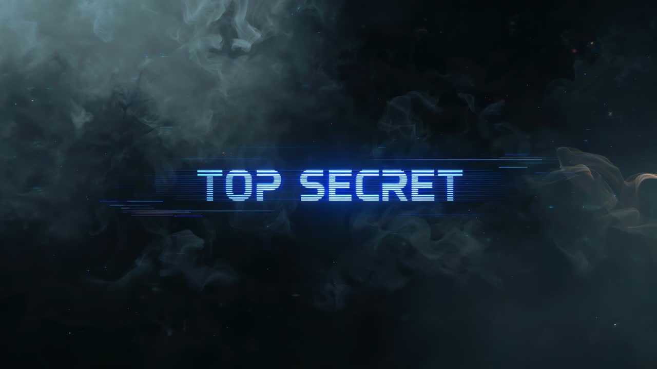 Materializing digital TOP SECRET text brightening and glitching in nebula, with scan-lines