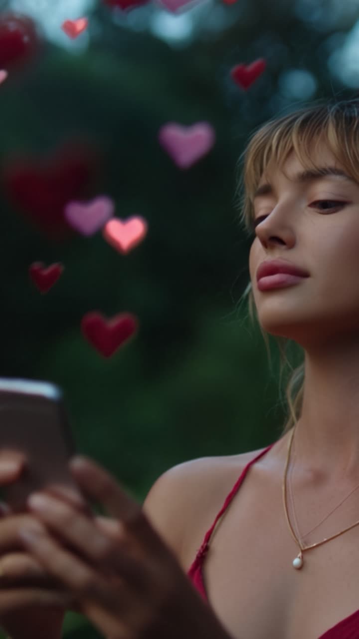 Una giovane donna che guarda verso l'alto con espressioni gioiose, circondata da cuori fluttuanti mentre tiene in mano uno smartphone in un lussureggiante ambiente esterno verde