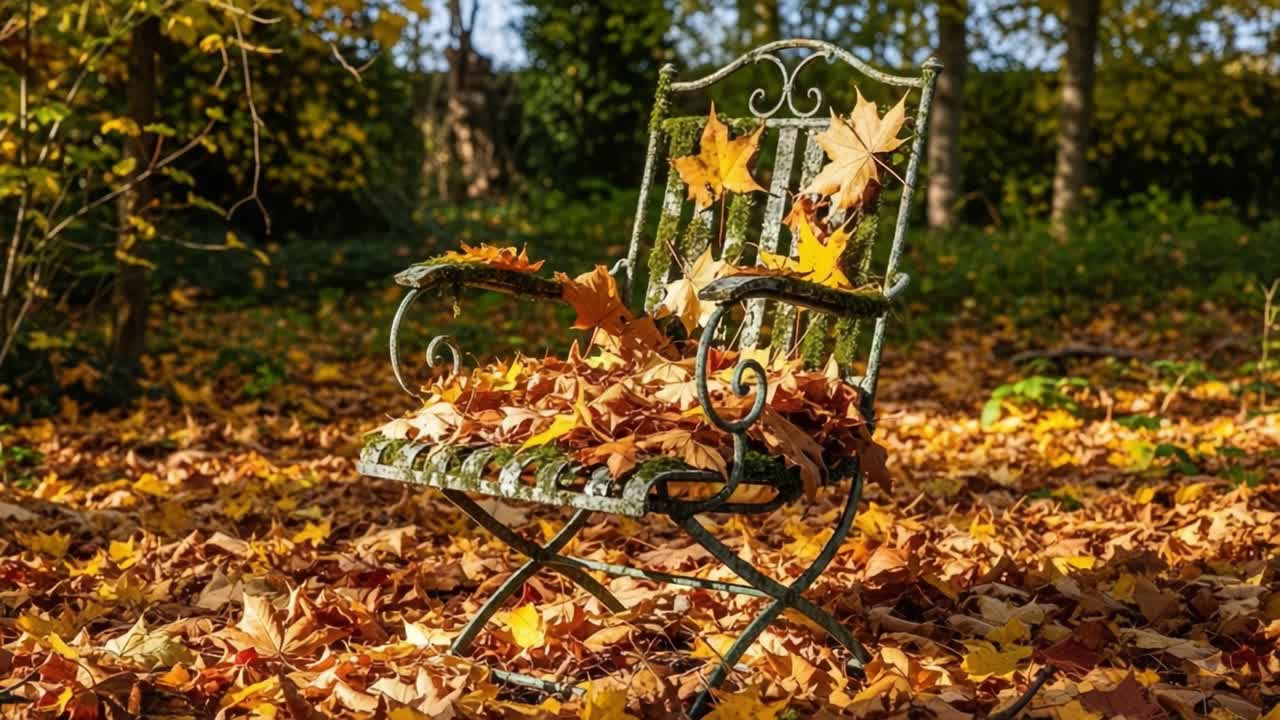 A serene autumn scene featuring an ornate vintage chair surrounded by vibrant fallen leaves, capturing the beauty of the seasonal change in the natural landscape