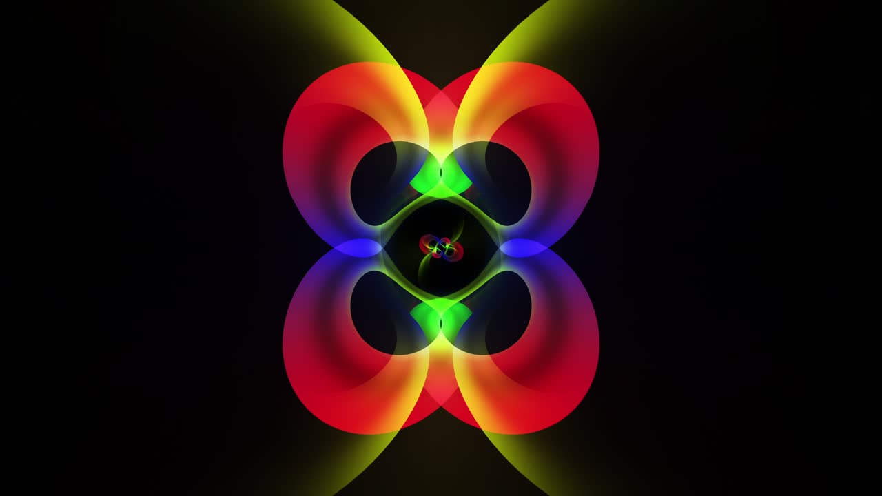 4K 3D seamless loop animation of colorful neon fractal art transformation, abstract background with glowing hypnotic shape, looped intro.  Motion design template dynamic composition transition.