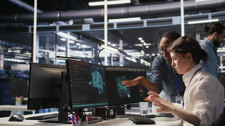 Vertical video Data center technicians adjusting blade server hardware powering AI