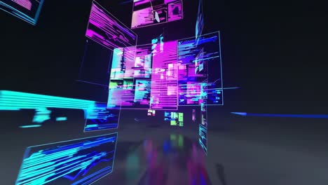 Dynamic video concept with a futuristic, digital style. Low-angle view of glowing, abstract data