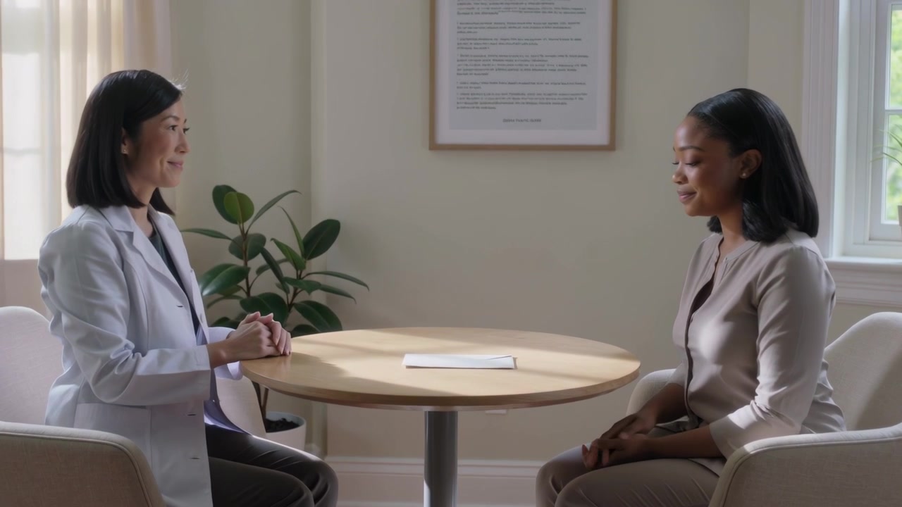 Placing document, clinician in white lab coat explaining treatment plan in clinic, patient reaching