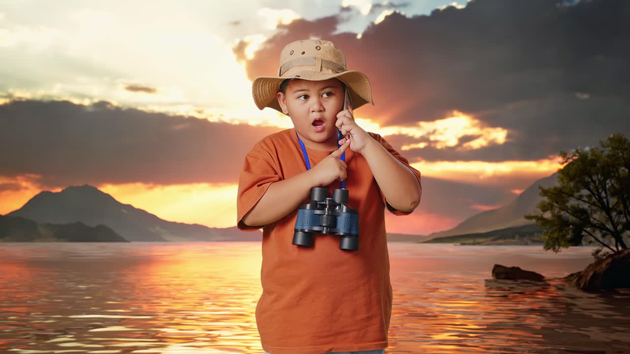 niño asiático con sombrero y binoculares hablando en teléfono inteligente en un lago. niño investigador examina algo, concepto de aventura de turismo de viaje
