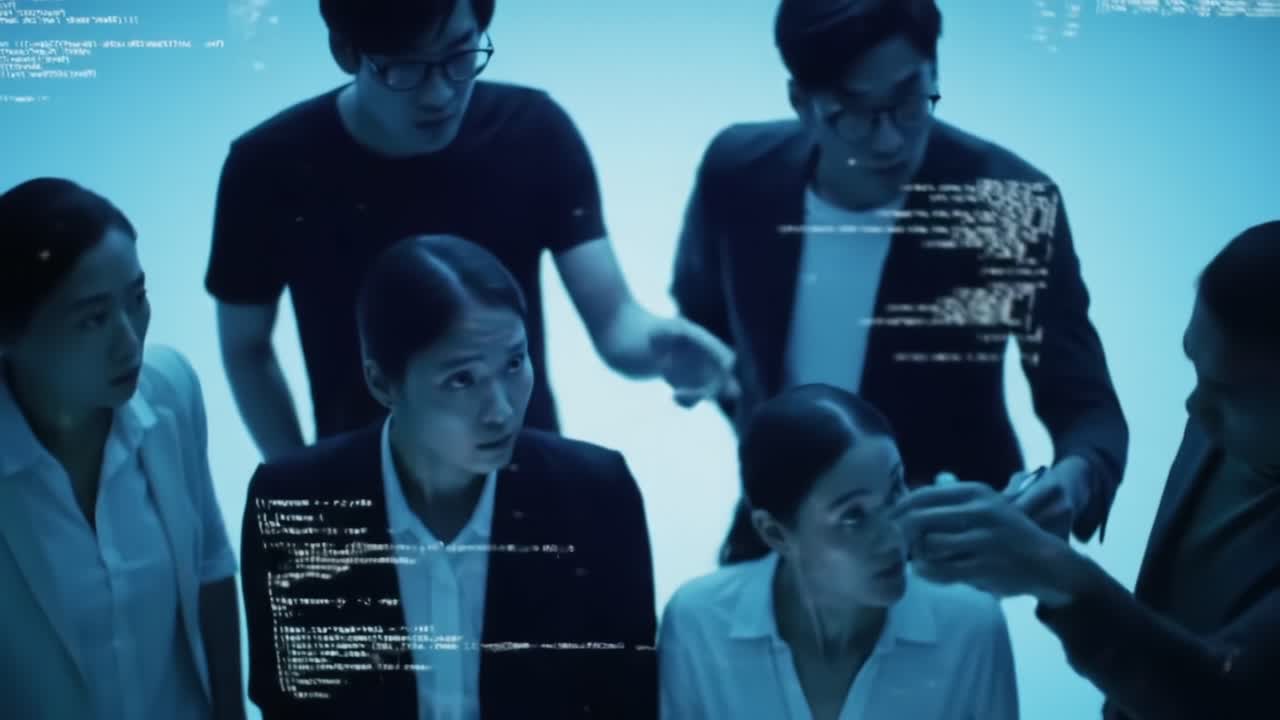 Group of Professionals Collaborating on Technology Project in Modern Workspace at Night