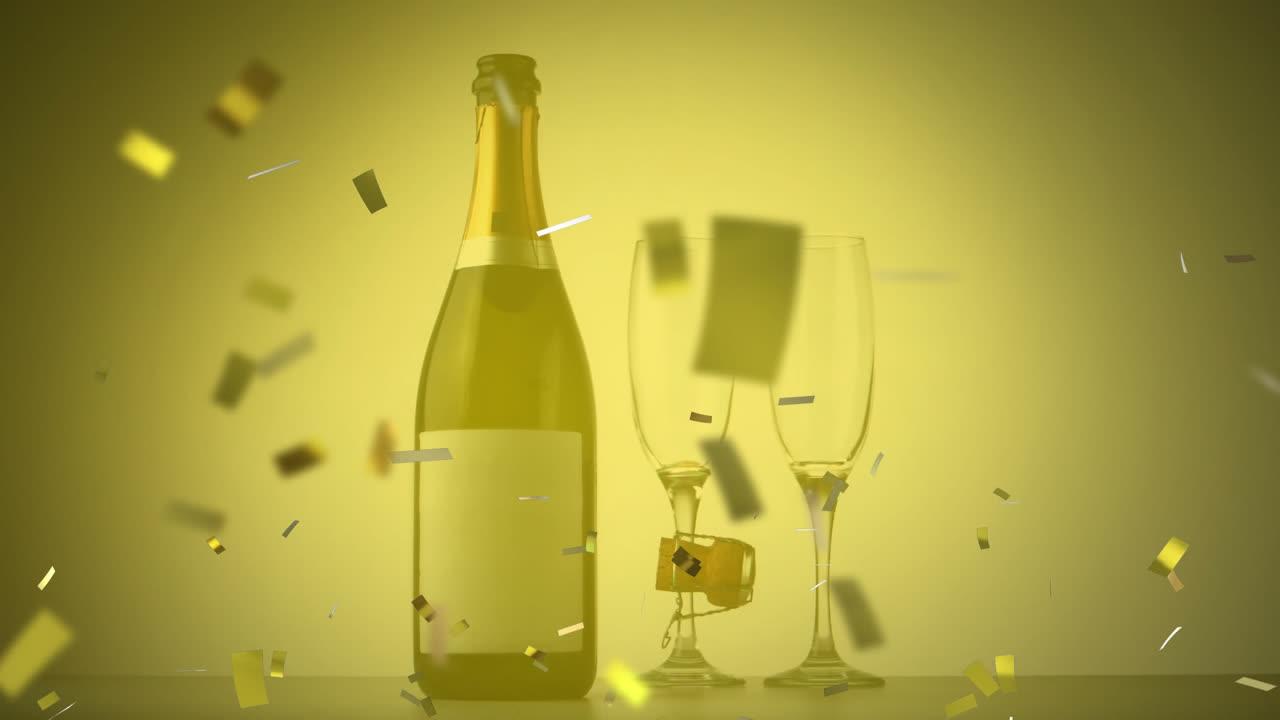 Animazione di coriandoli dorati che cadono su champagne e bicchieri.
