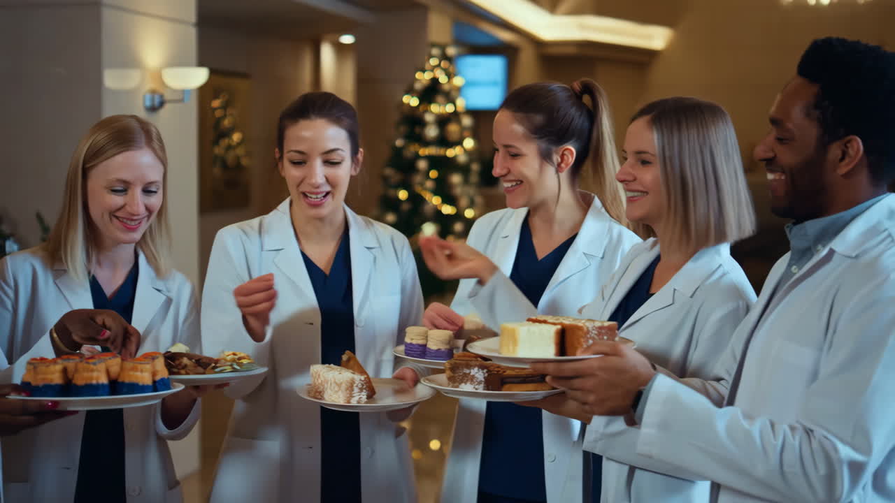 Healthcare Professionals Enjoying Desserts at a Festive Holiday Gathering