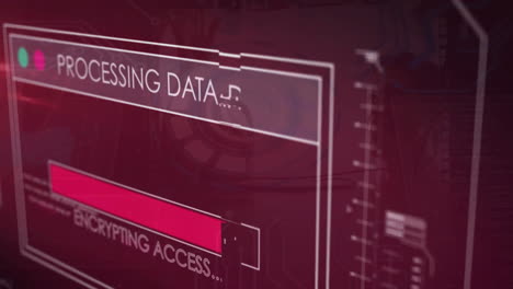 animation of data processing and loading bar over caucasian colleagues discussing work