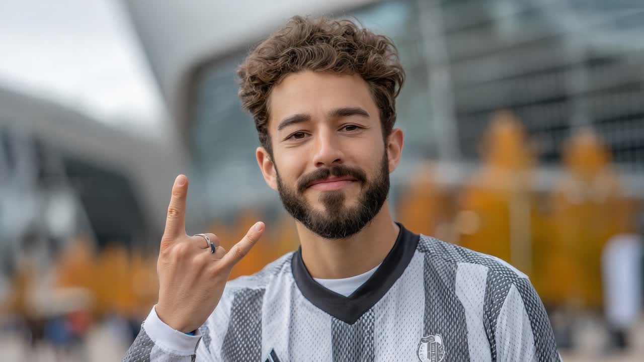 Un giovane uomo barbuto esprime sicurezza ed entusiasmo in una maglia sportiva alla moda contro uno sfondo urbano vivace durante una giornata di sole.