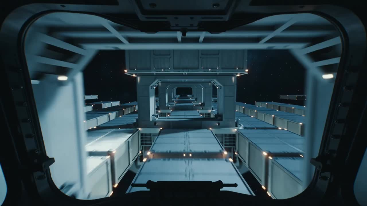 Engines firing ship advancing through viewport past modules to archway to dock, with nav lights