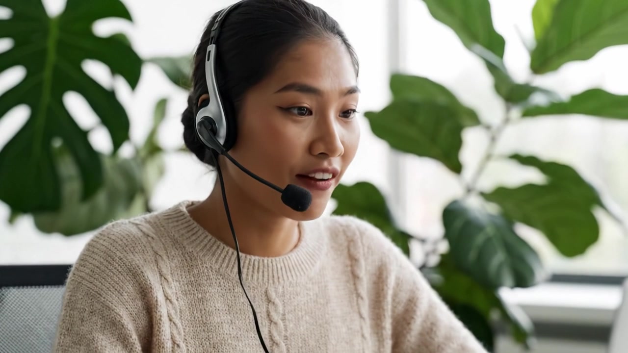 Impegnata nella comunicazione virtuale: una giovane donna concentrata con le cuffie interagisce professionalmente tramite laptop, circondata da rigogliose piante da interno in uno spazio di lavoro moderno.