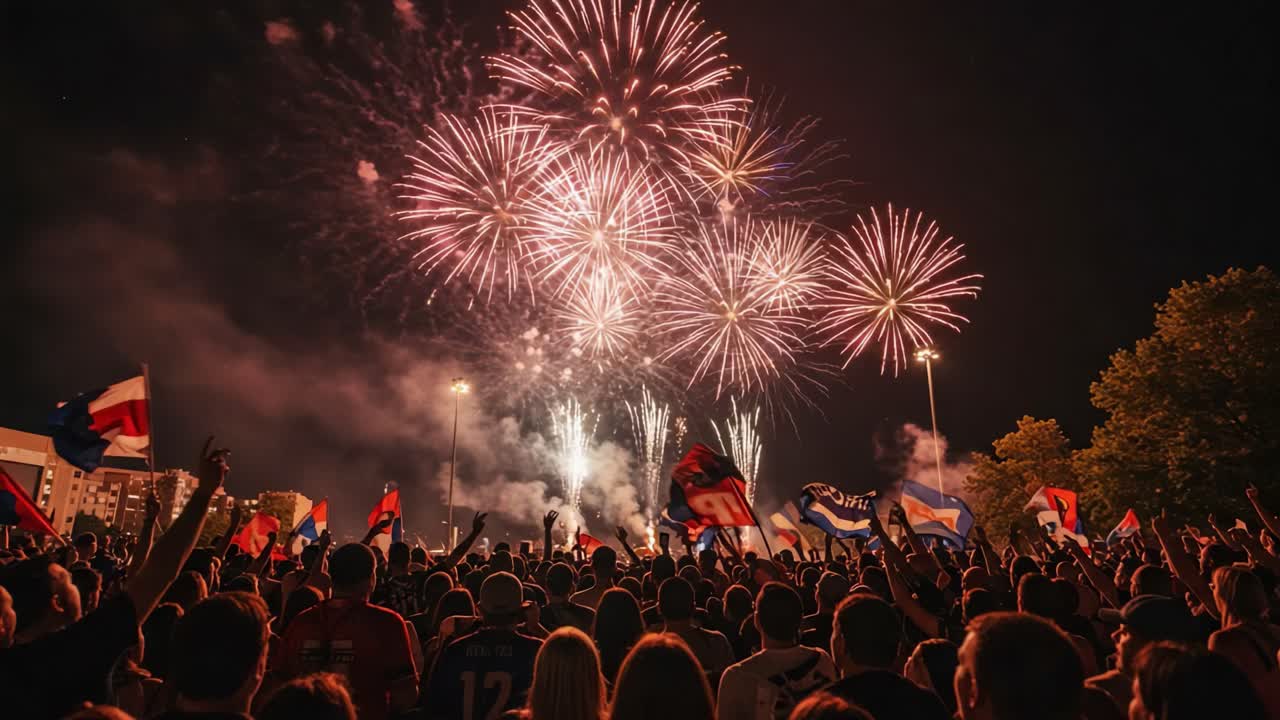 Spectacular Fireworks Display Unites Enthusiastic Crowd Celebrating Under Vibrant Night Sky with Flags Representing Unity and Joy Amidst Stunning Pyrotechnics