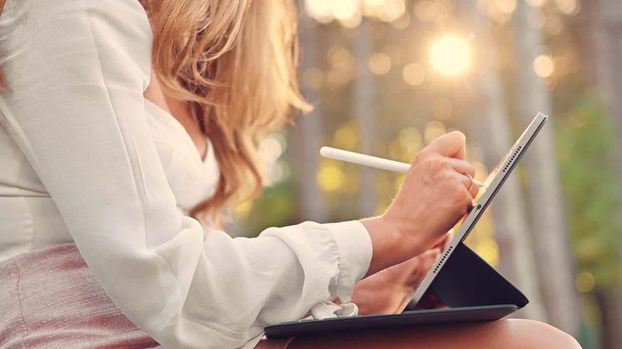 Woman sketching on a tablet with a stylus pen in the park
