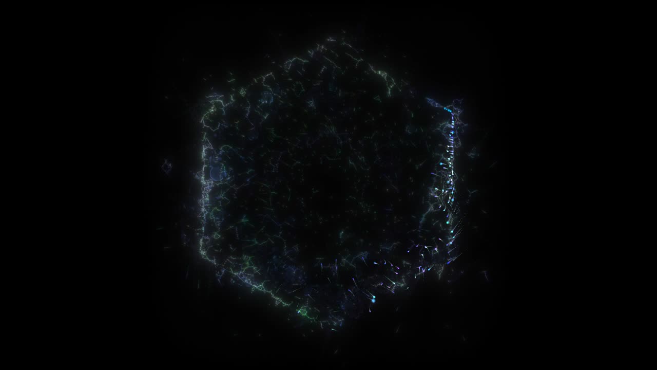 Seamless loop. Animation of a hexagonal portal with changing color consisting of particles and bursts of energy, isolated on black background with alpha luma matte VFX CG 4k. Space door. Galaxy.