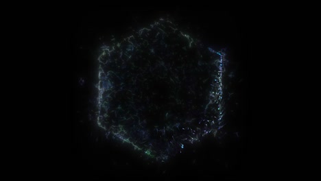 seamless loop. animation of a hexagonal portal with changing color consisting of particles and bursts of energy, isolated on black background with alpha luma matte vfx cg 4k. space door. galaxy.