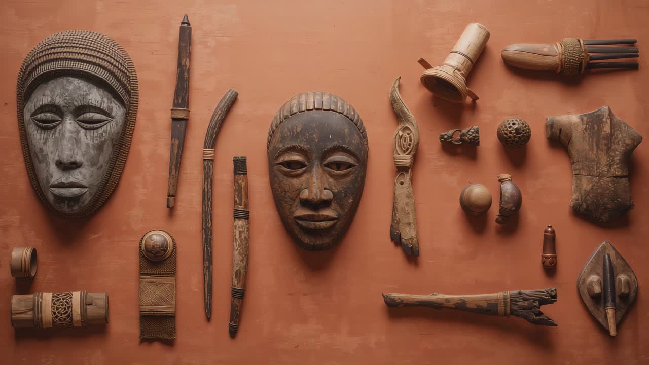 Panning camera revealing carved masks, blades, beads and staff on gallery wall, showing collection