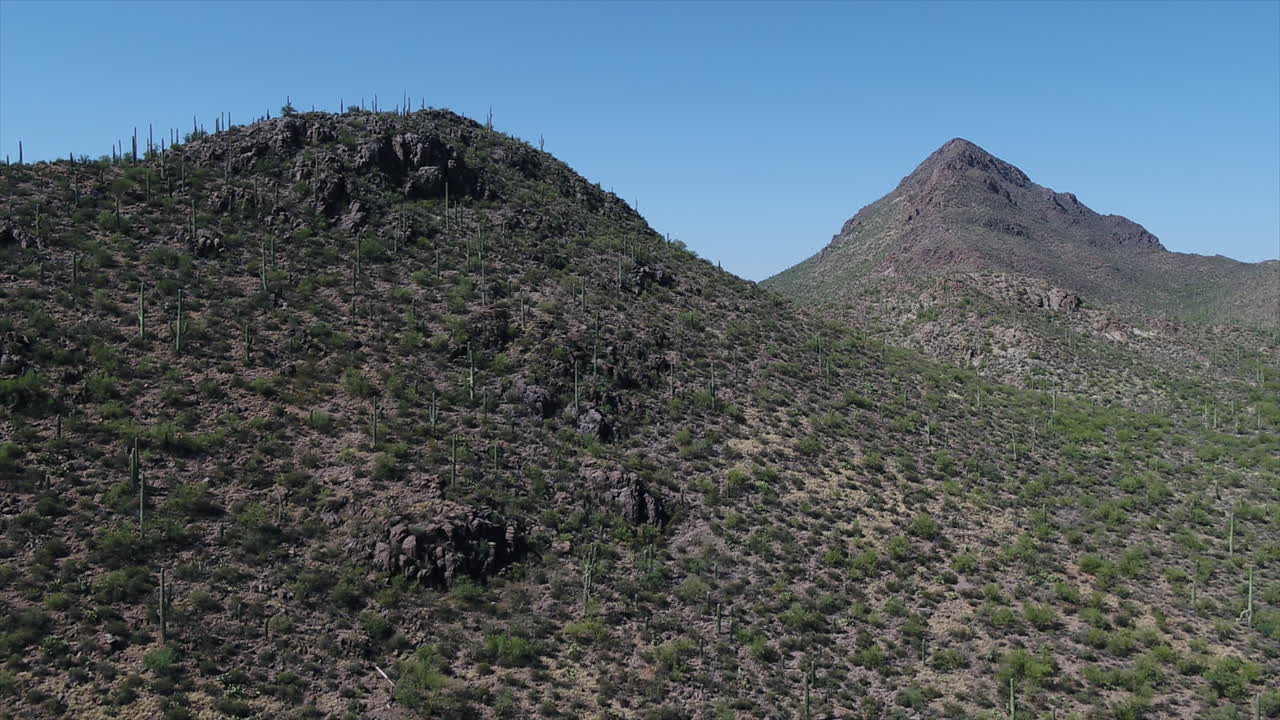 Drone flight in Tucson, Arizona mountains over saguaro cacti