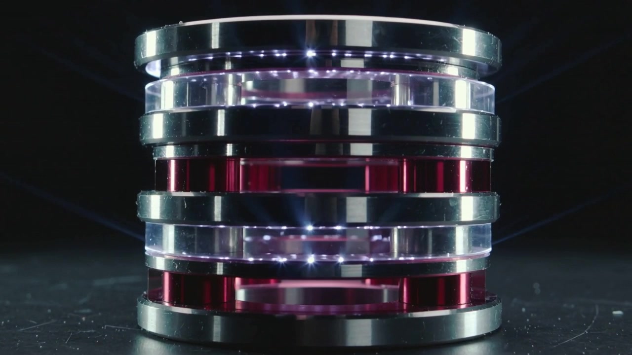 Telecamera su dolly che si avvicina a un cilindro impilato cromato e rosso su un tavolo da studio, rivelando LED pulsanti.