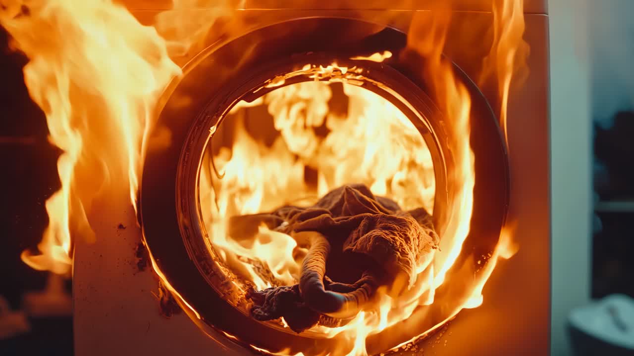 горящая стиральная машина с кучей одежды внутри