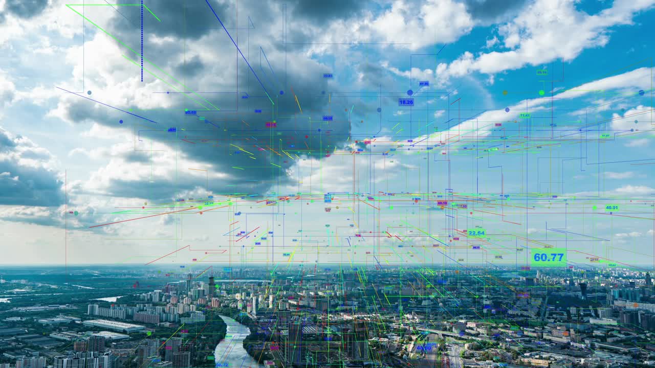 스마트 시티 항공 드론 영상 홀로그램 정보 아치 네트워크 통신 동안 형성 미래의 네트워크 및 기술 5g 드론 낮은 빛 4k 비디오 루프, 타임 라프